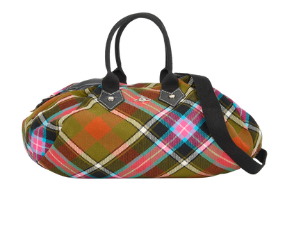 Winter Tartan Bowling Bag, &pound;140, Handbags, Black/Blue/Pink, Fabric/Leather, Front view